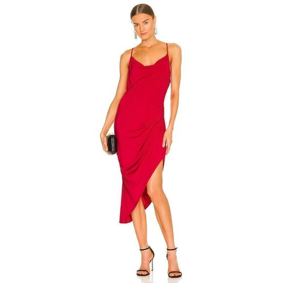 Krisa Women's XS Draped Midi Slip Dress Red High Slit Formal Cocktail Party Glam - Picture 1 of 13
